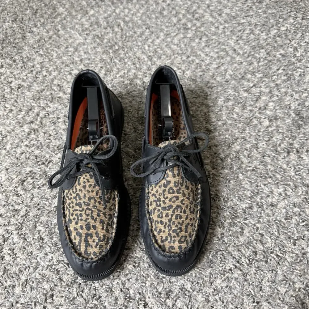 Sperry Original 2-Eye Boat Shoe Mens 11.5 Black Leather Leopard Print Preppy